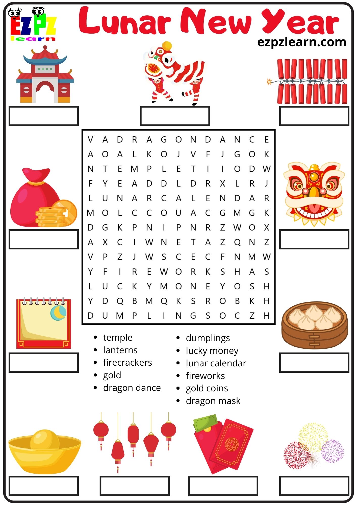 Lunar and Chinese New Year Vocabulary Word Search and Match the Words Activity for Kids and English Language Learners PDF 